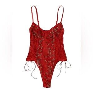 Red Teddy Lingerie Sexy Bodysuit Lace Stretch Strip Dancer Party Sheer Thong hot